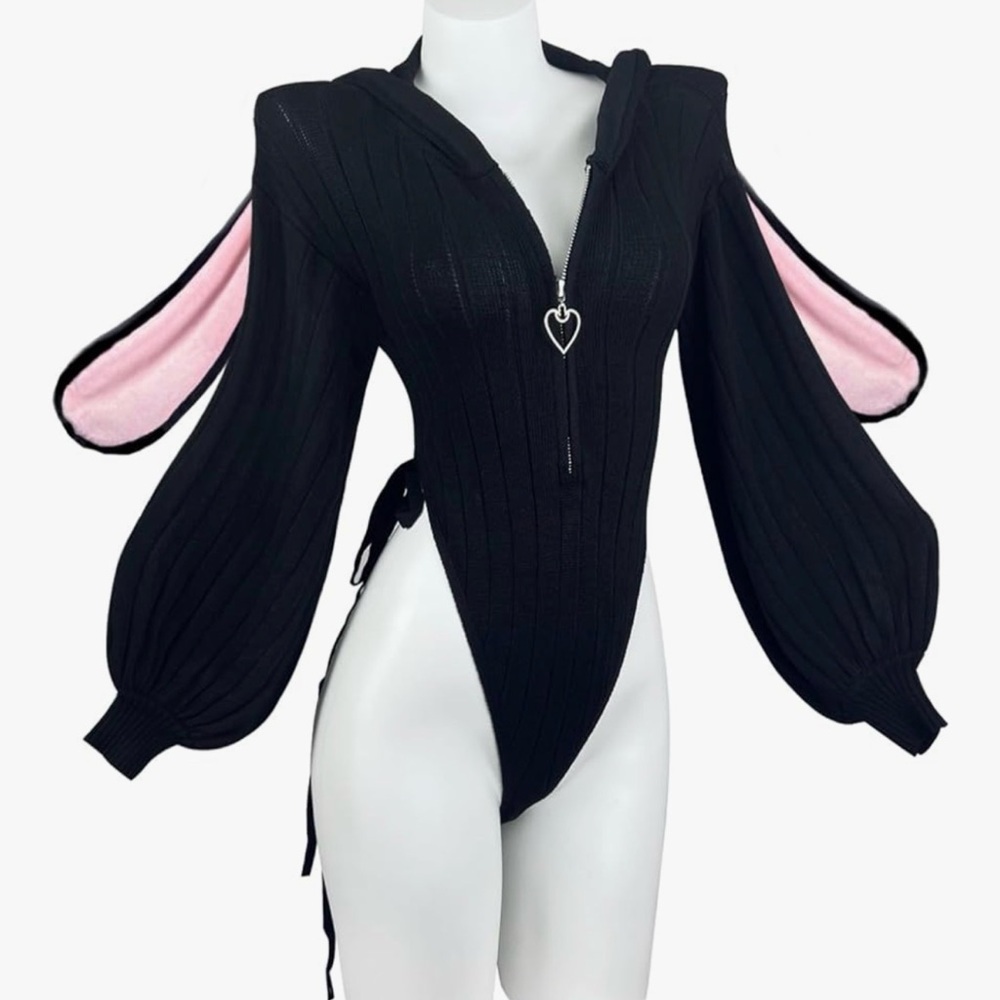 Korura Club Black Knit Hooded Bodysuit with Pink Lining